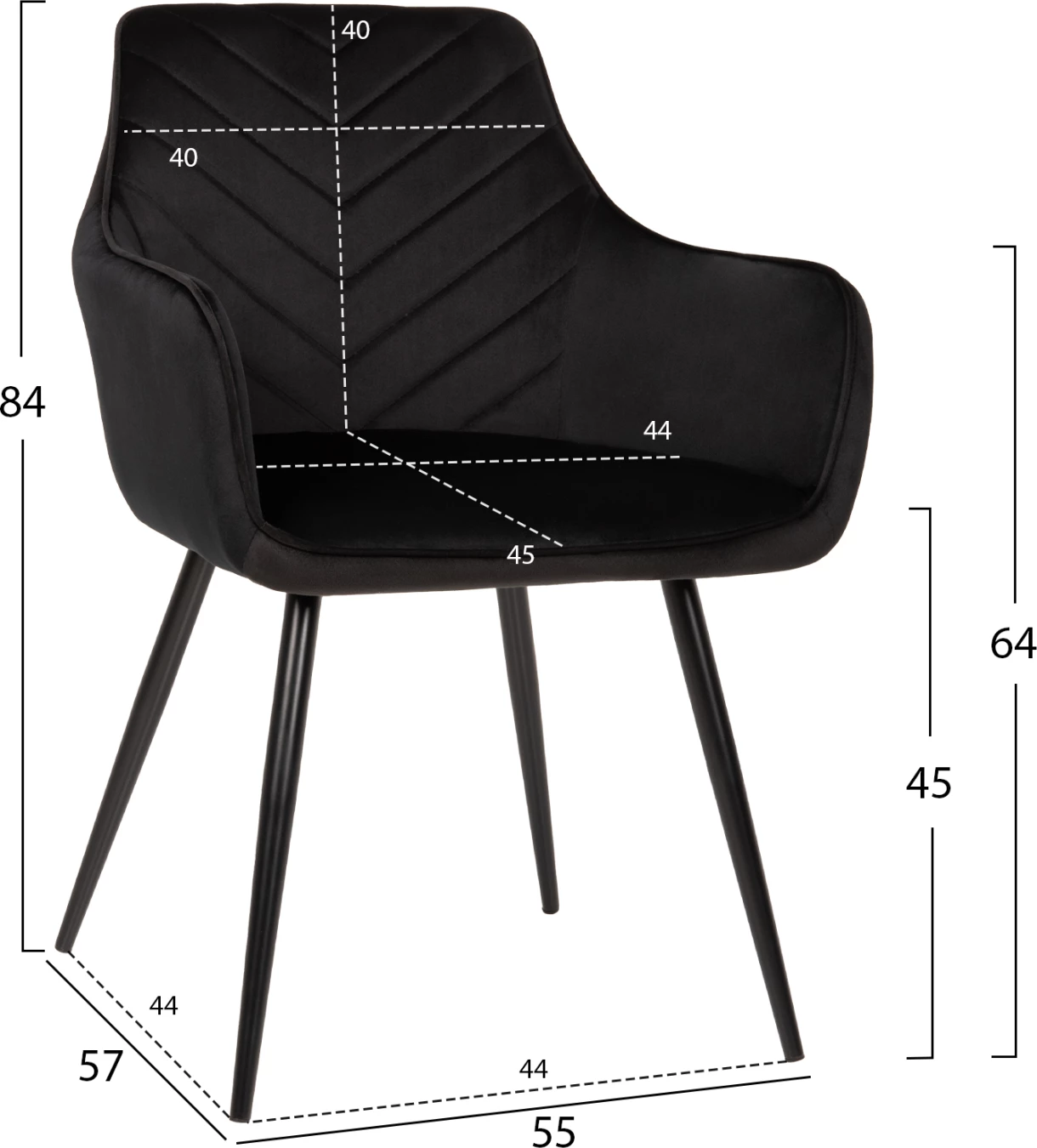 Karrige Latrell, kadife e zezë, këmbë metali të zeza, 55x57x84H cm., set prej 2 copë