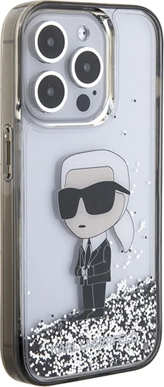 Mbështjellës Karl Lagerfeld Liquid Glitter Ikonik për iPhone 15 Pro, transparent