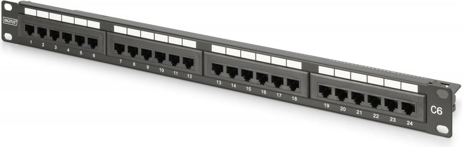 Patch Panel, Digitus DN-91624U-CR, 19" 1U, 24x RJ45 CAT 6 UTP, LSA vertikal me udhëzues kabllosh dhe fusha etiketime, e zezë