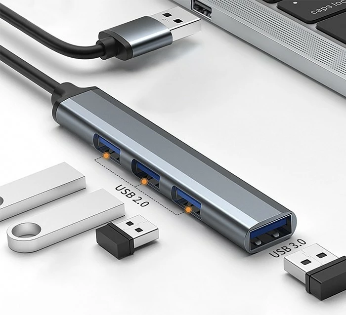 HUB USB Qoltec 4-në-1, model 53793, USB 3.0 + 3x USB 2.0, grafit