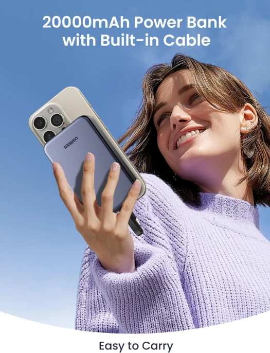 powerbank UGREEN 45762 20000mAh 22.5W me kabllo t’integrume, gri e errët