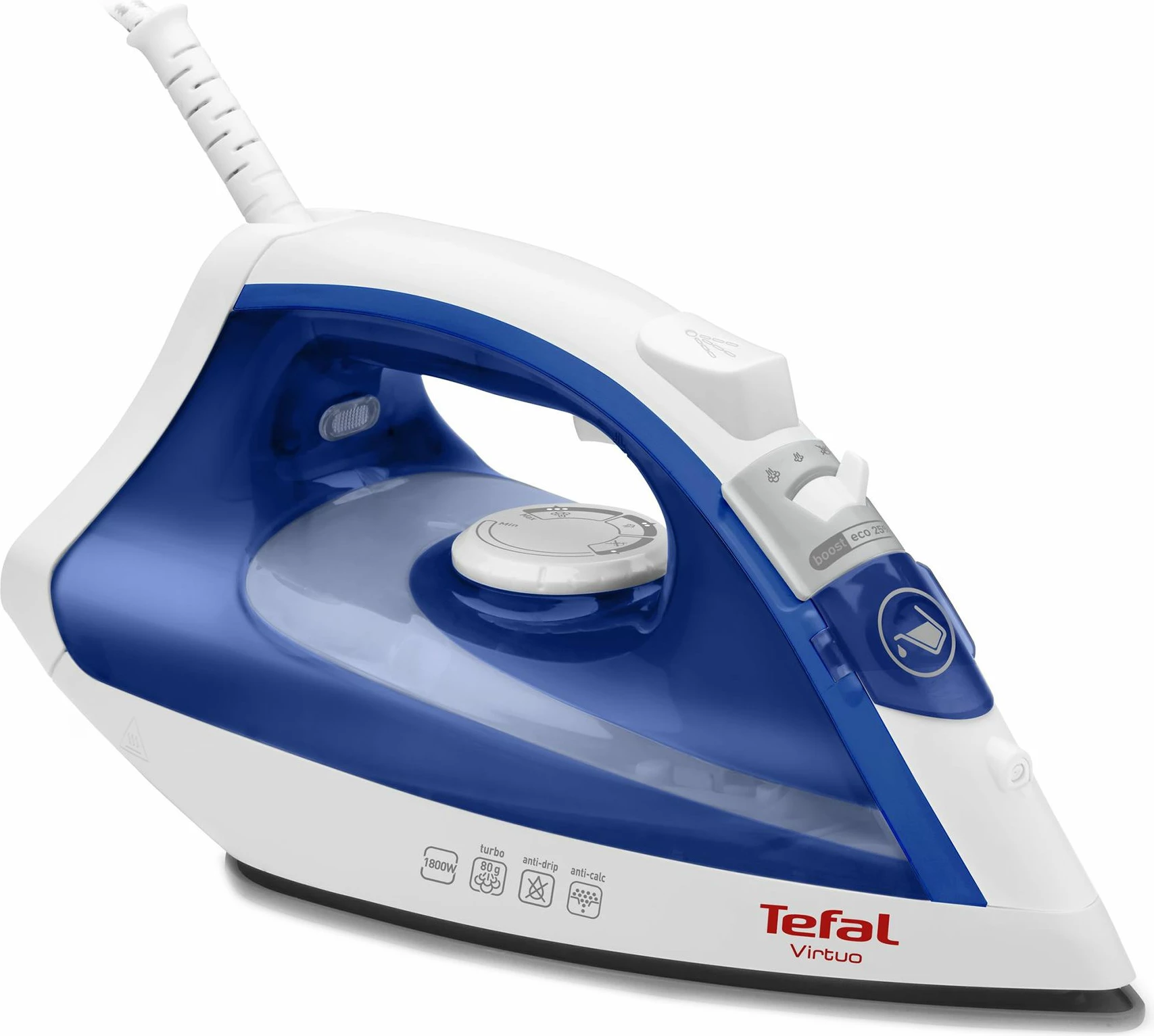 Hekur me avull, Tefal, Virtuo FV1711E0, 1800 W, avull 24 g/min, rezervuar 200 ml, shtresë jo-ngjitëse, blu e bardhë
