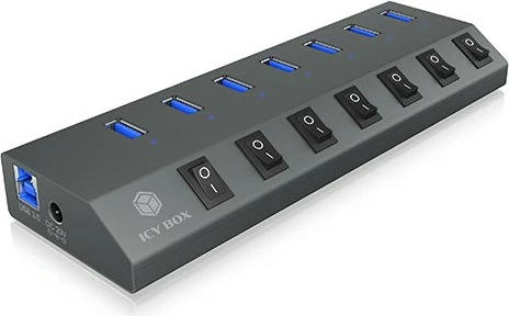 Kasë USB hub IcyBox IB-HUB1701-C3, 7x USB Type-A, me çelësa on/off, antracit