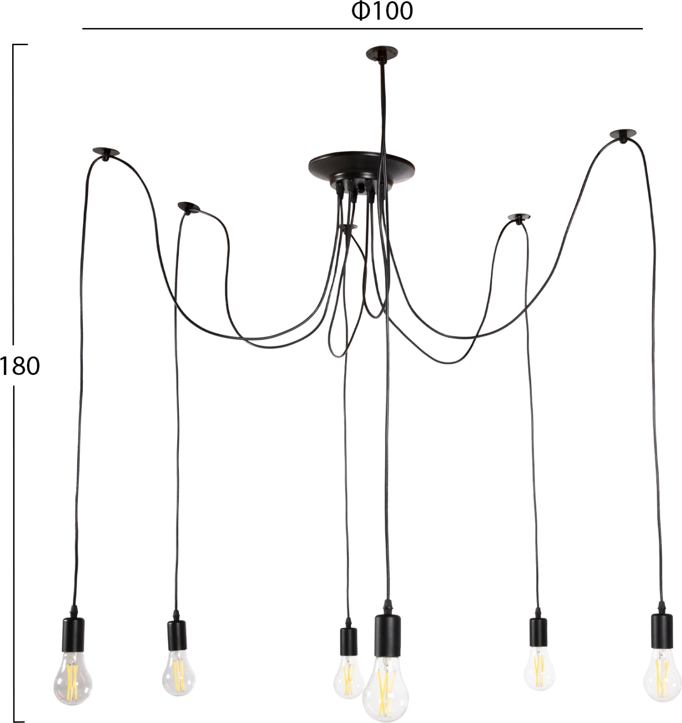Llambë tavani me 6 drita, FH4175, metal i zi, kabllo të zeza, Φ100x180H cm