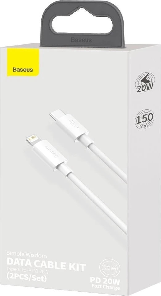 Kabllo Baseus Simple Wisdom USB-C do Lightning, PD, 20W, 1.5m (e bardhë) 2 copë