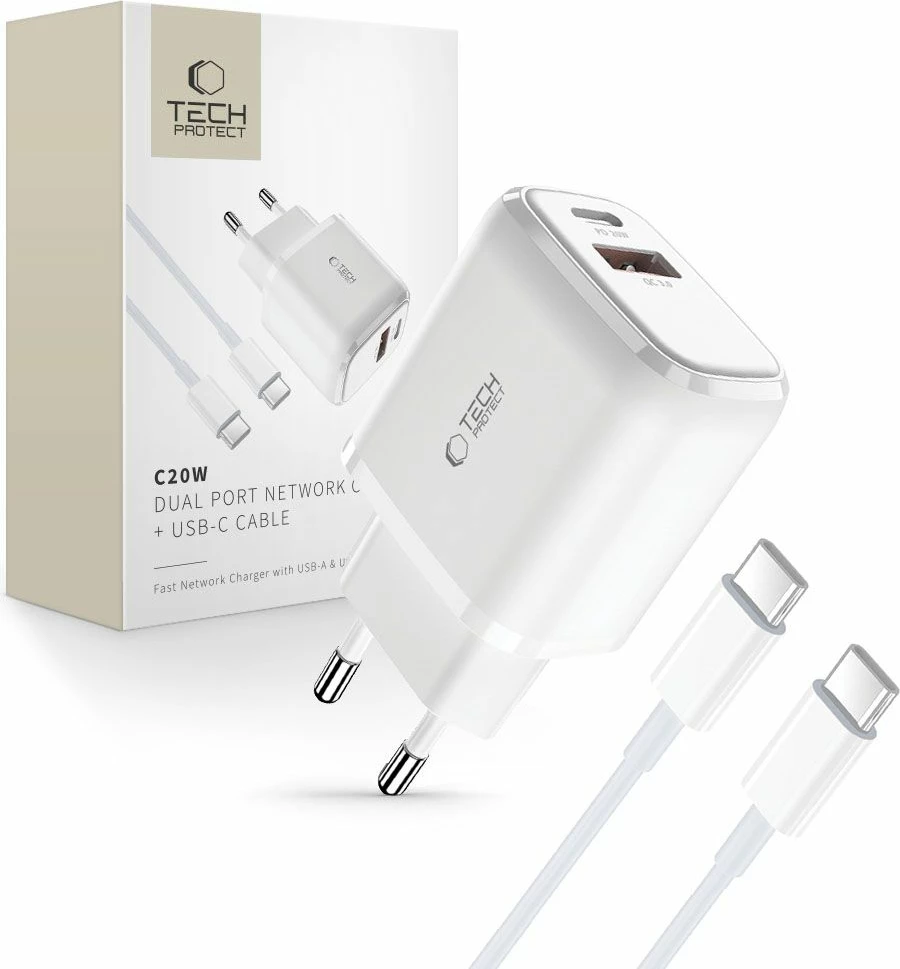 Karikues murit Tech-Protect C20W me dy porta USB-C PD 20W / USB-A QC 3.0 dhe kabllo USB-C/USB-C, Bardhë