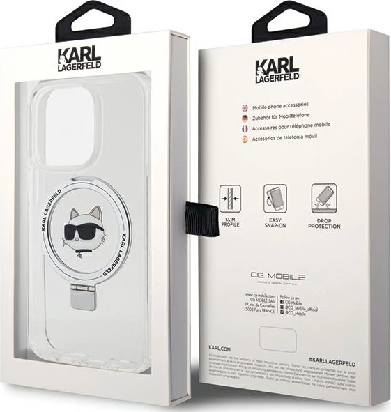 Mbështjellës Karl Lagerfeld Ring Stand Choupette Head MagSafe për iPhone 15 Pro 6.1", Bardhë