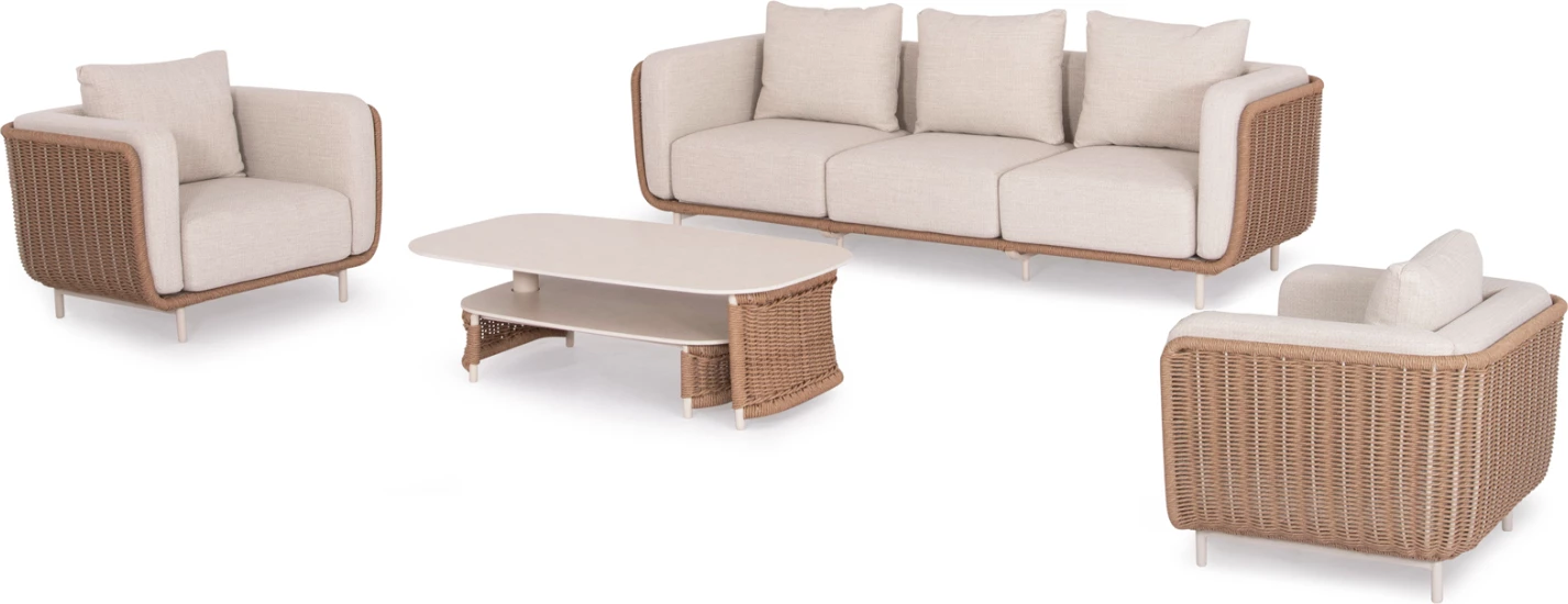 Set lounge për jashtë, 4 pjesë, seri NEXUS, alumin, ratan i përdredhur, gur i sinterizuar