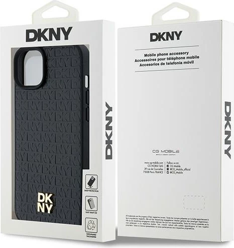 Mbështjellës DKNY Leather Pattern Metal Logo MagSafe për iPhone 15/14/13, i zi