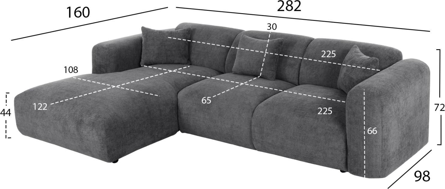 Divan qoshe, BRICKEN FH3275.04L, pëlhurë antracit, 110-282x98-160x72H cm