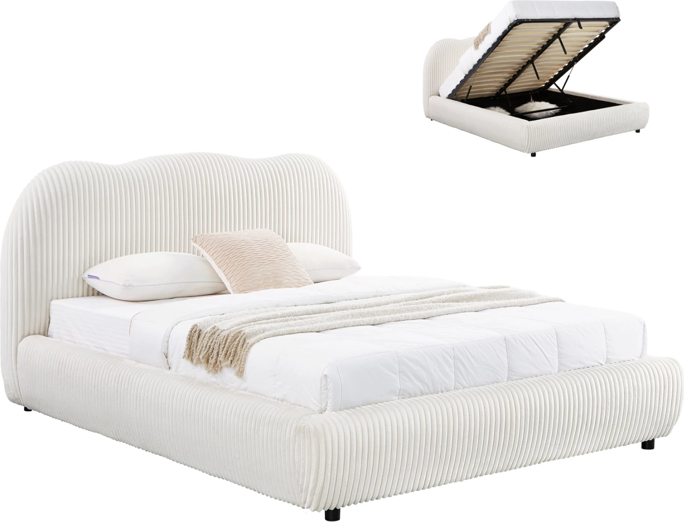 Krevat dopio me hapësirë për depo, material leshi sintetik, bezhë, KALLY FH729.03, dyshek 160x200cm