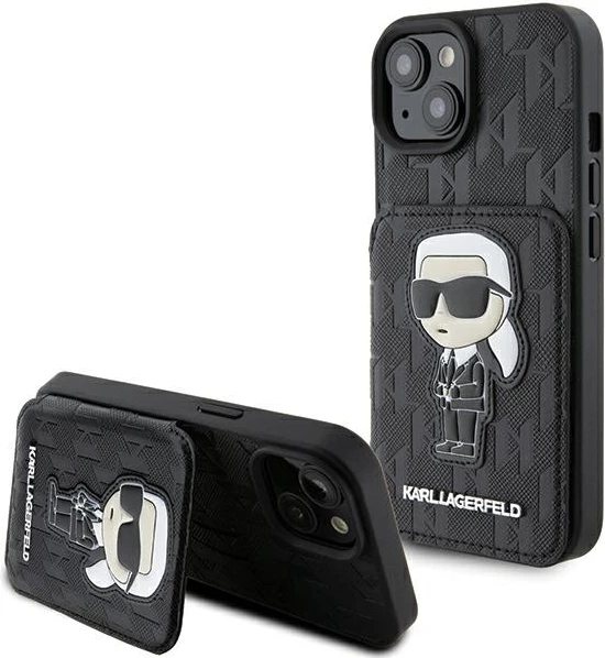 Mbështjellës Karl Lagerfeld Saffiano Cardslots & Stand Monogram Ikonik Patch për iPhone 15, i zi