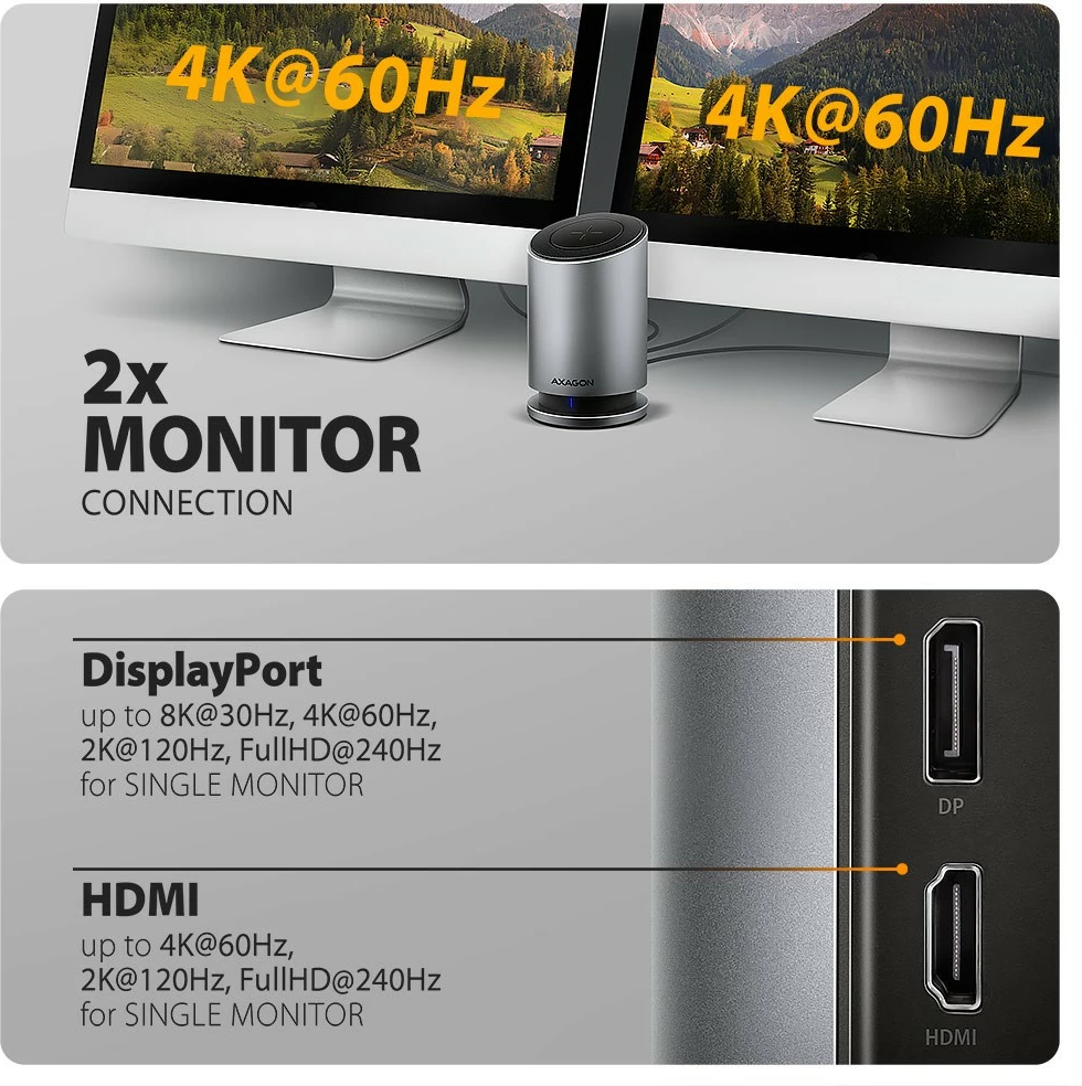 Hub USB-C multiport 9-në-1 AXAGON HMC-WL9 10Gbps 3xUSB-A 1xUSB-C DP 8K/60Hz HDMI 4K/60Hz PD 100W GLAN kabllo USB-C 60 cm karikim wireless 15W gri