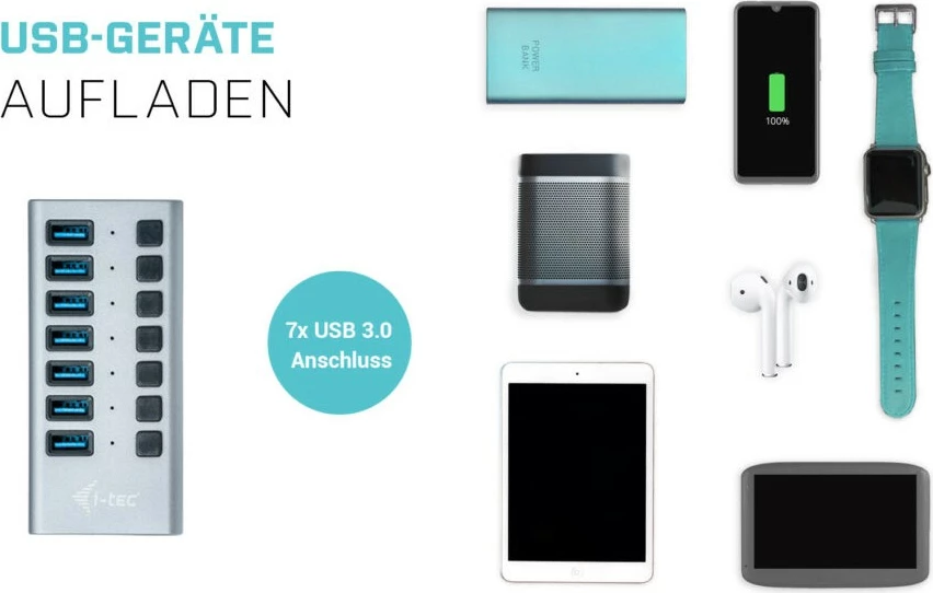 HUB USB 3.0 I-Tec 7 porta, 36W, alumini, gri