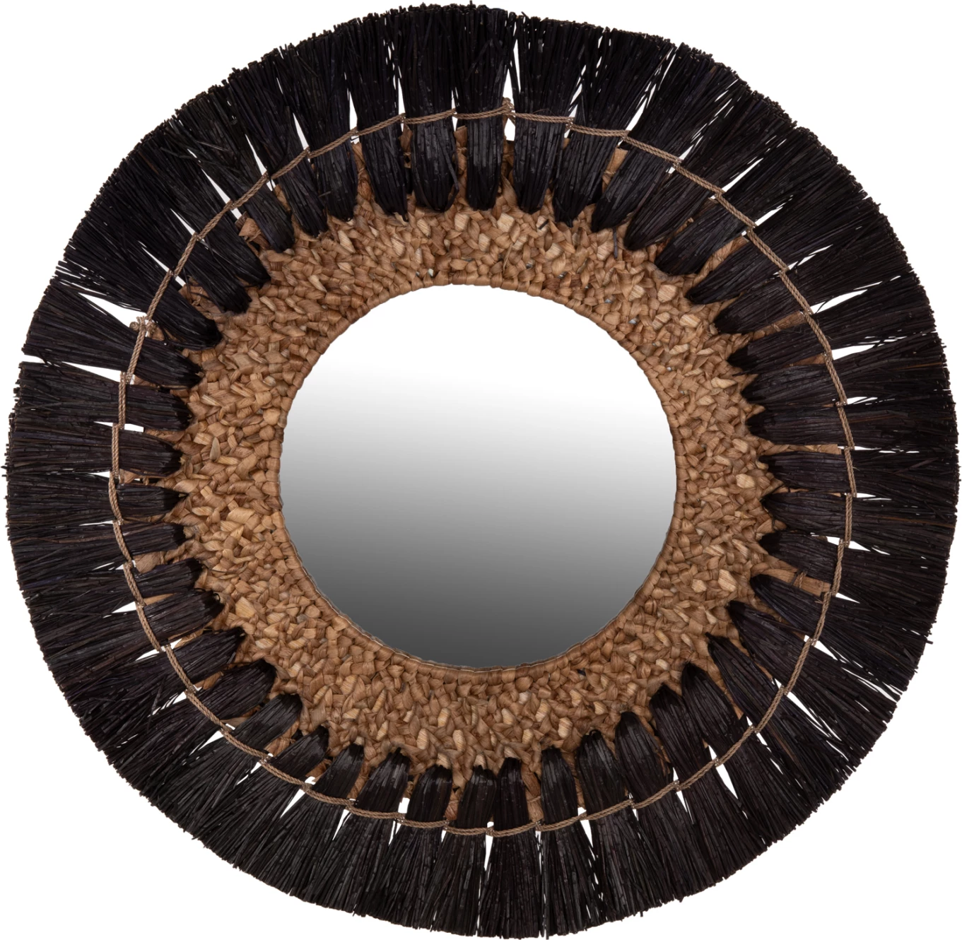 Pasqyrë e rrumbullakët për mur, FH7832, kornizë bari Mendong, ngjyrë e zezë dhe natyrale, Φ70cm