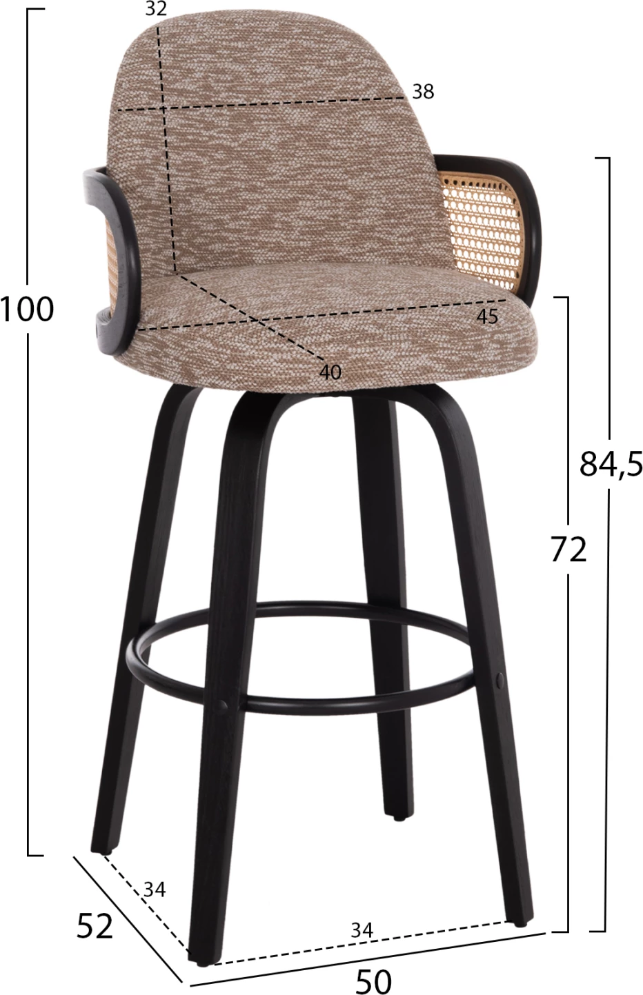 Karrige për bar rrotulluese BECKER, dru i zi, stof kafe, set 2 copë, FH18251.03, 50x52x100cm