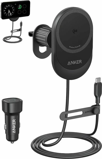 Karikues wireless për veturë, Anker MagGo B2932G11, 15W, me kabllo USB-C të integrume 1.5m, set me adapter 25W, e zezë