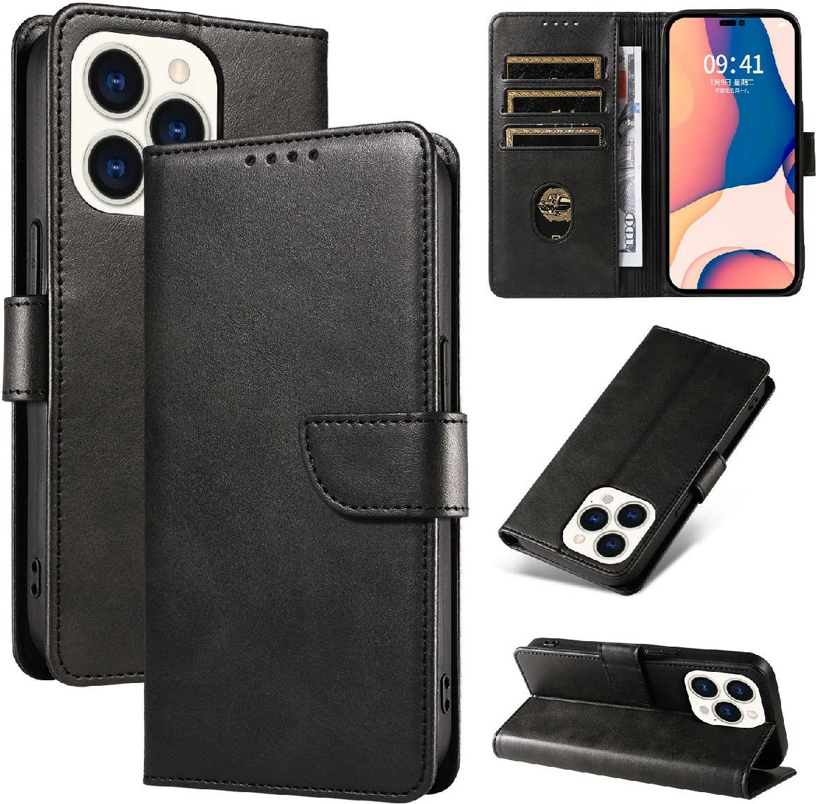 Mbështjellës Hurtel Leather Book Case për iPhone 16 Pro, e zezë