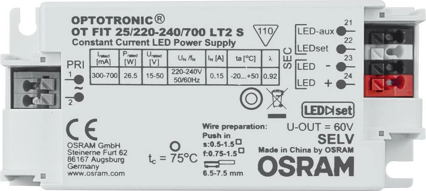 Driver LED OSRAM OPTOTRONIC OT FIT 25/220-240/700 LT2 S, 300-700mA, 15-50V, i bardhë