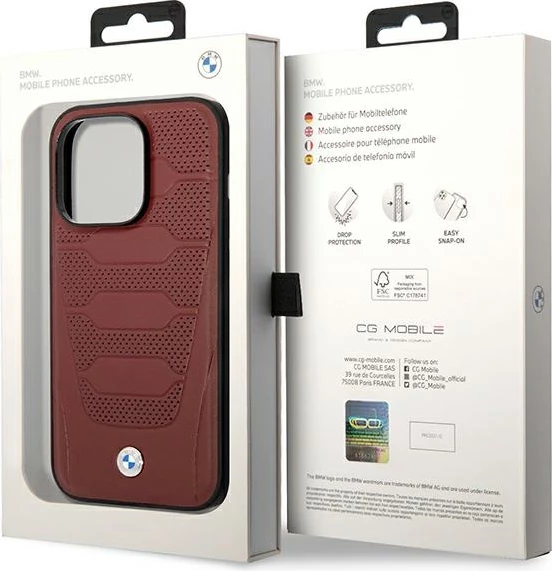 Mbështjellës BMW BMHMP14L22RPSR për iPhone 14 Pro 6.1", Leather Seats Pattern, MagSafe, Kuq e errët