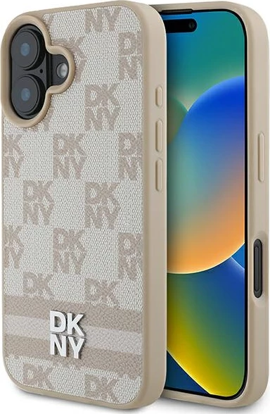 Mbështjellës DKNY për iPhone 16, Checkered Pattern & Printed Stripes, Rozë