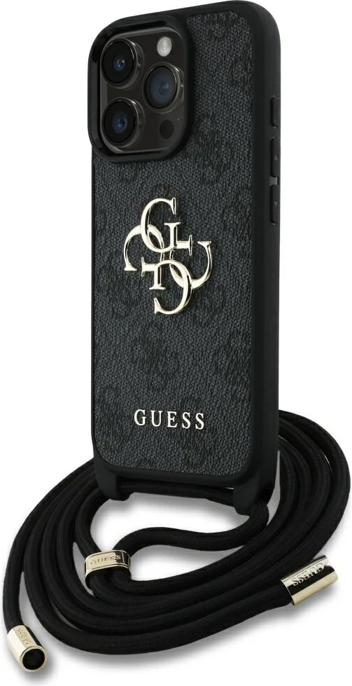 Mbështjellës Guess 4G Big Logo Cord Stap Crossbody për iPhone 16 Pro Max, i zi