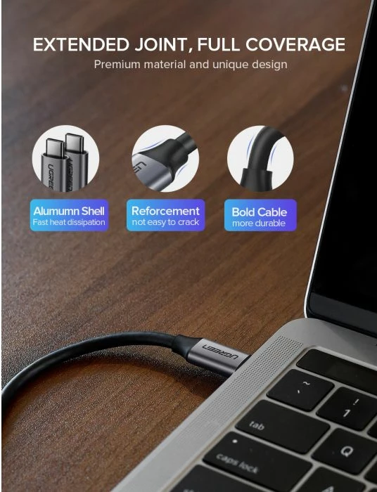 kabllo USB-C në USB-C UGREEN 50751, USB 3.1 Gen1, PD 100W, 5Gbps, 4K@60Hz, 1.5m, e zezë/gri