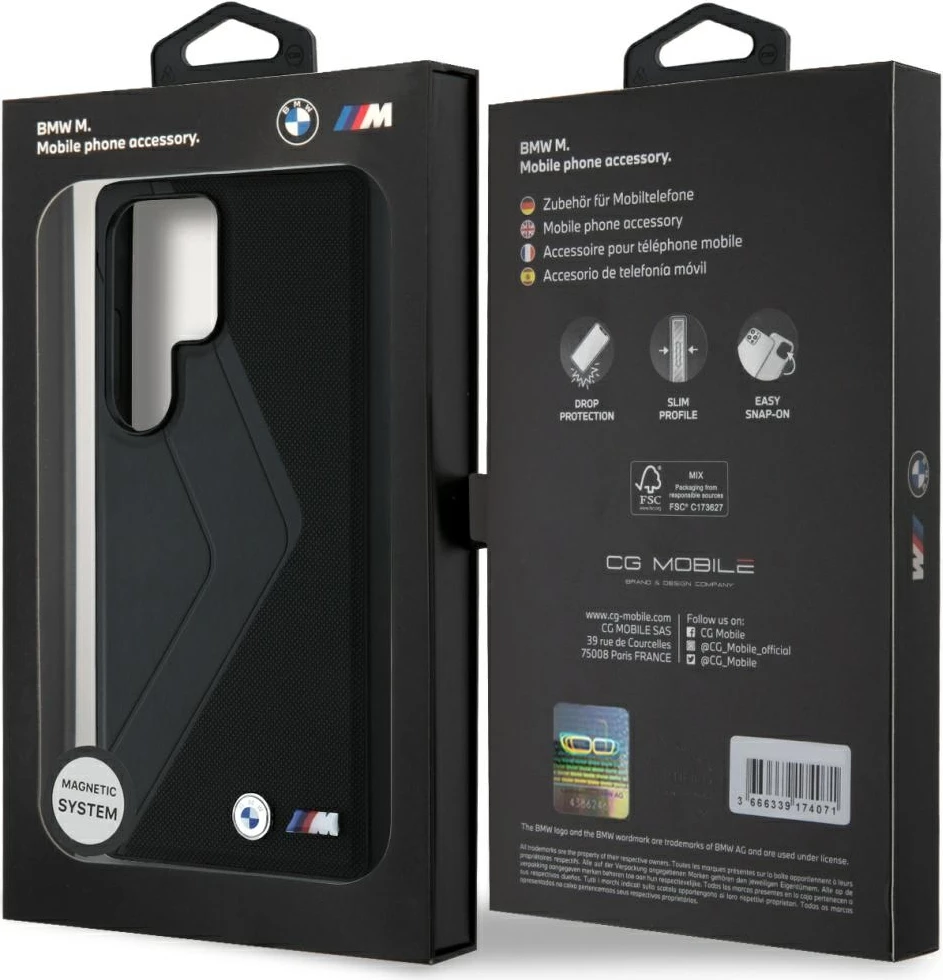 Mbështjellës BMW Leather Oversized Stripes MagSafe për Samsung Galaxy S25 Ultra, lëkurë natyrale, hardcase, i zi