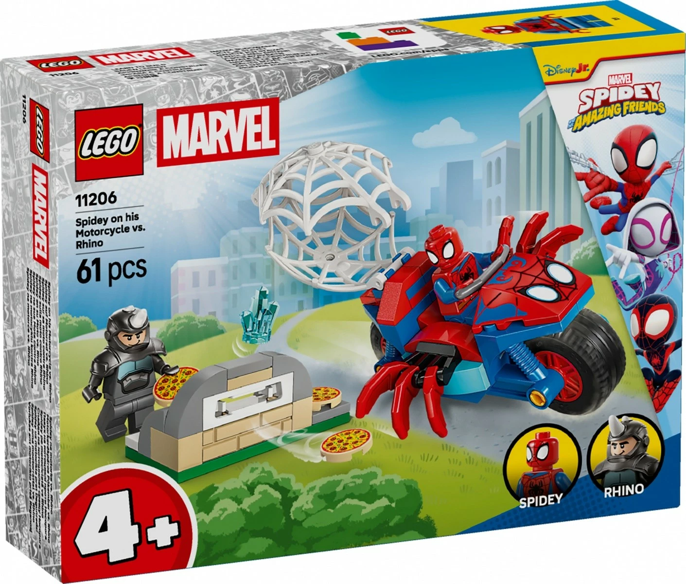 Set ndërtimi LEGO Marvel Spidey 11206, Spidey në motor kundër Rhino, 61 pjesë, 4+, set i vogël
