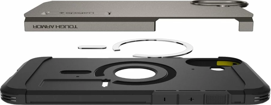 Mbështjellës Spigen Tough Armor Mag për iPhone 16, MagSafe, qëndrim i integruar, rezistencë MIL-STD, gunmetal