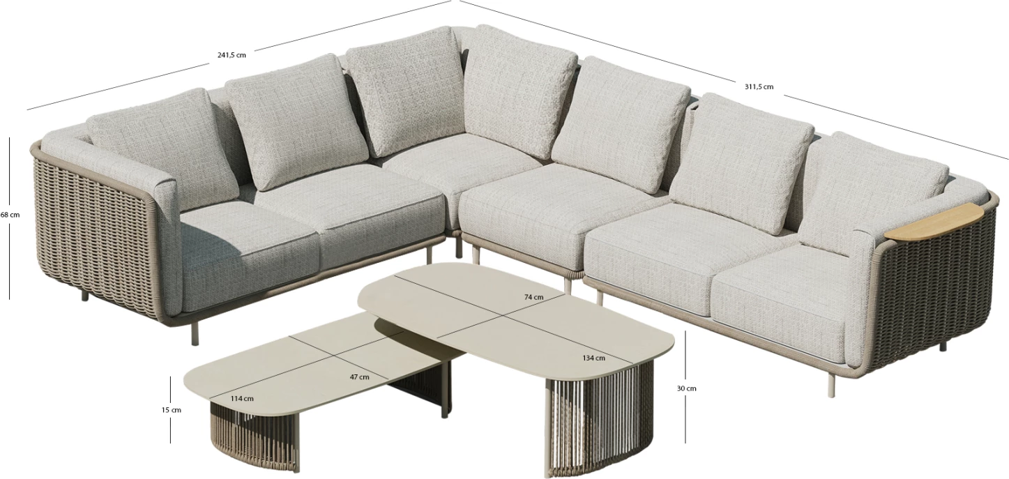 Set lounge për jashtë, 6 pjesë, seri Nexus CD6178, alumin, ratan i përdredhur, dru tik, gur i sinterizuar