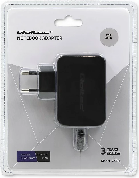 Adapter energjie Qoltec 52394 për Acer, 45W, 19V, 2.37A, 5.5x1.7 mm, i zi