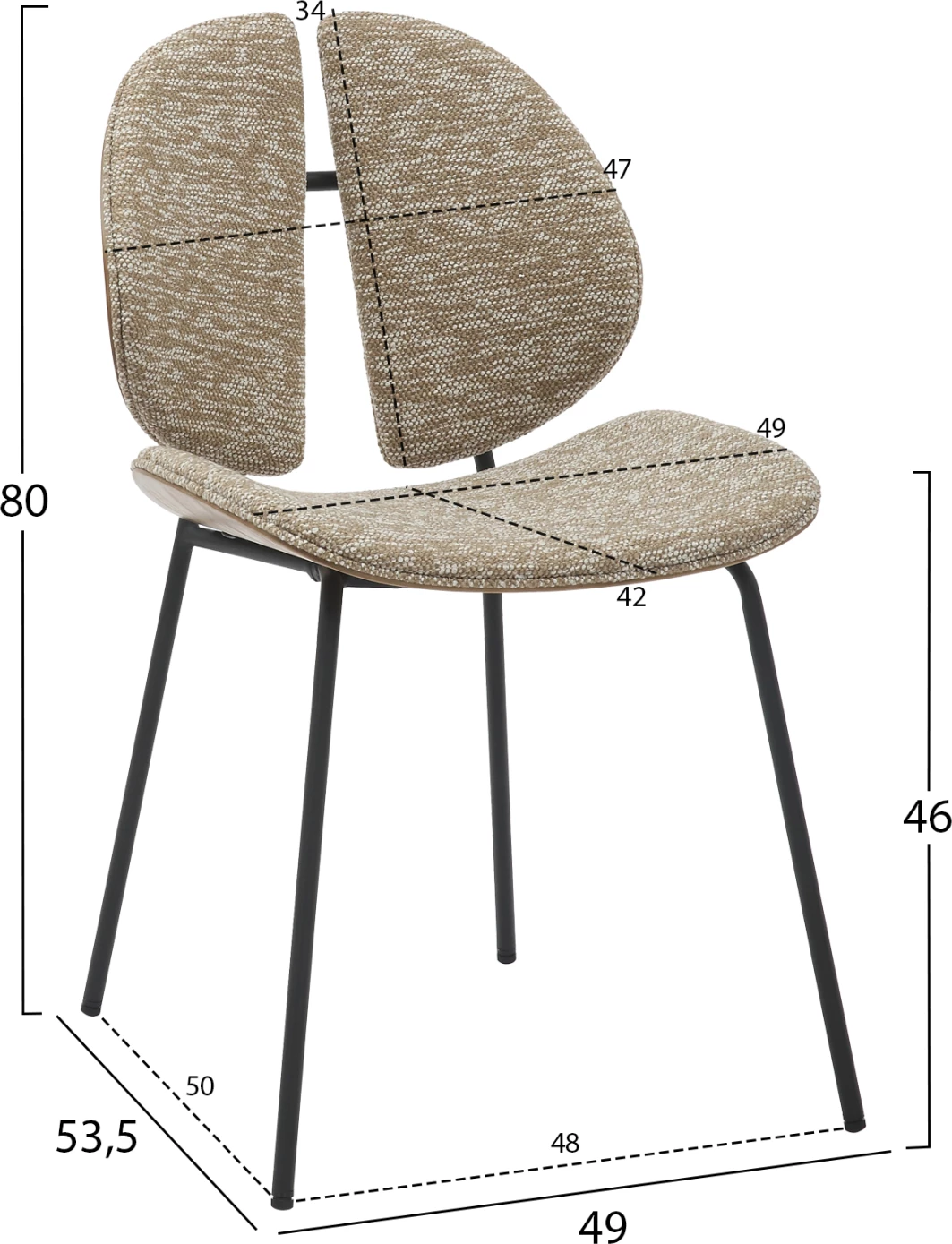 Karrige për ngrënie LUNGS FH9982.01, kornizë metalike e zezë, pëlhurë bezhë, 49x53.5x80H cm, set prej 2 copësh