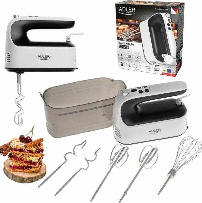 Mikser dore Adler AD4229 9-shpejtësi 600W max me ekran LCD, set 5 aksesorë, bardhë/zi