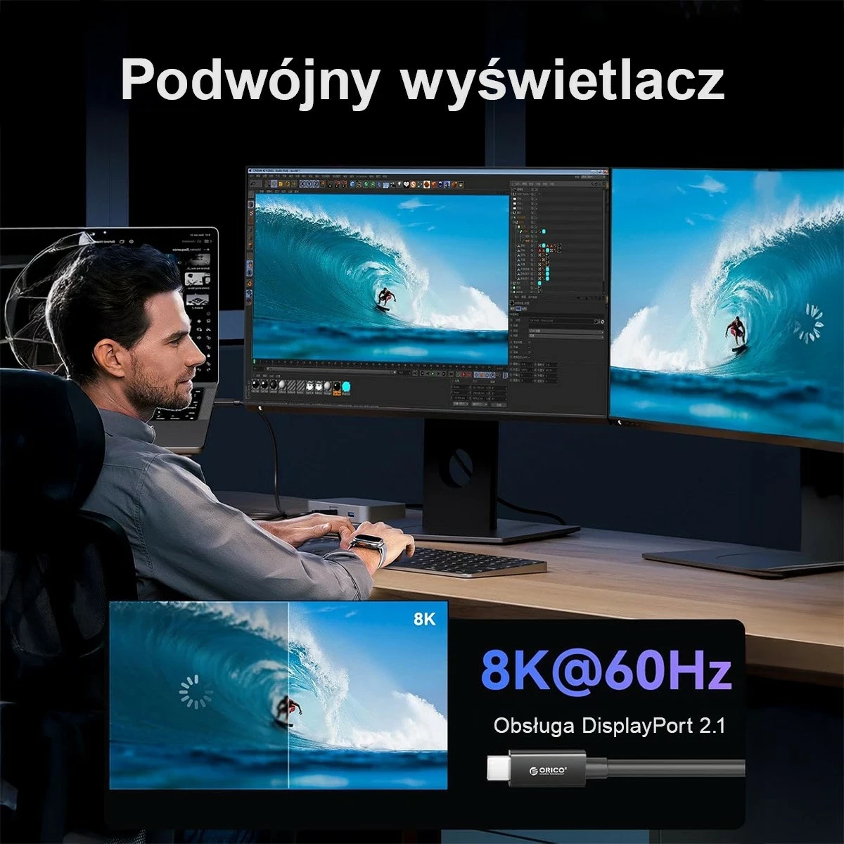 Kabëll Thunderbolt 5 Orico USB-C 1.5m 80Gbps 240W 8K e zi