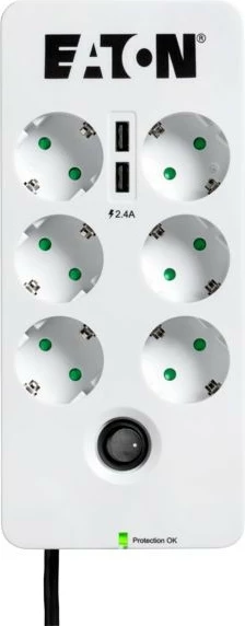 Zgjatëse me mbrojtje nga mbitensioni, Eaton PB6UD, 6 Schuko, 2x USB 2.4A, kabllo 1.5 m, 2500 W, ndërprerës 10 A, montim mur, e bardhë/e zezë