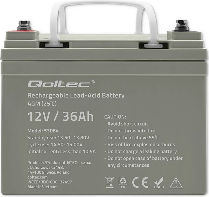 Bateri AGM Qoltec 53084, 12V, 36Ah, Gri