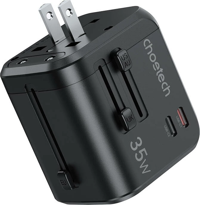 Karikues udhëtimi Choetech PD5008, 35W, 3xUSB-A, 2xUSB-C, GaN, US/EU/UK/AU, zi