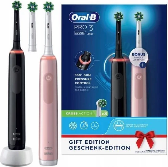 Furçë dhëmbësh elektrike Oral-B Pro 3 3900N Duo, e zezë dhe rozë