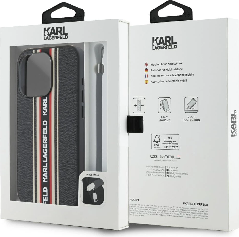 Mbështjellës Karl Lagerfeld Saffiano Athleisure Stripes Cord për iPhone 15 Pro, Kuq