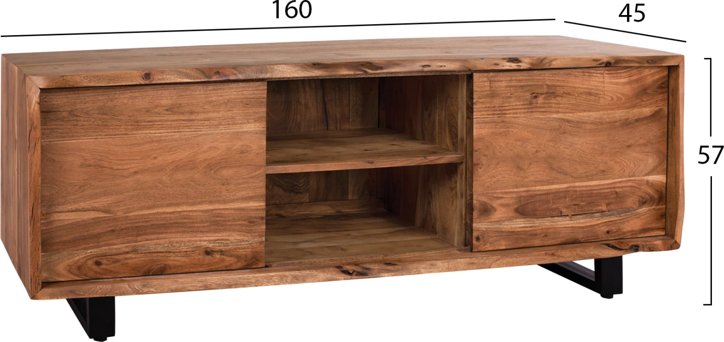Komodë TV Nicole, dru akacie masiv, ngjyrë natyrale, këmbë metalike të zeza, 160x45x57