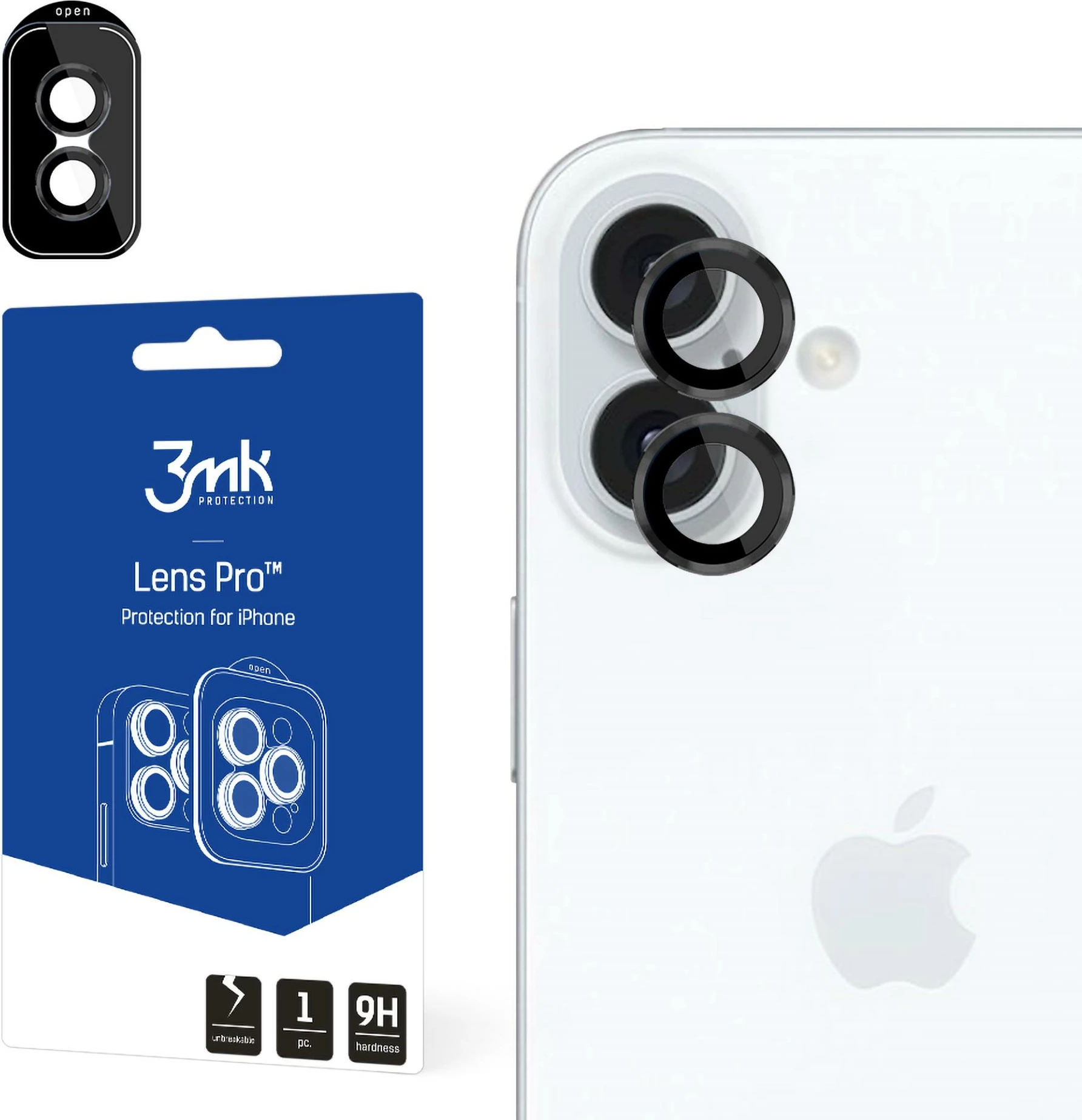 Mbrojtës xhami për kamerë, 3mk Protection Lens Protection Pro, për iPhone 16 / 16 Plus, me kornizë të zezë