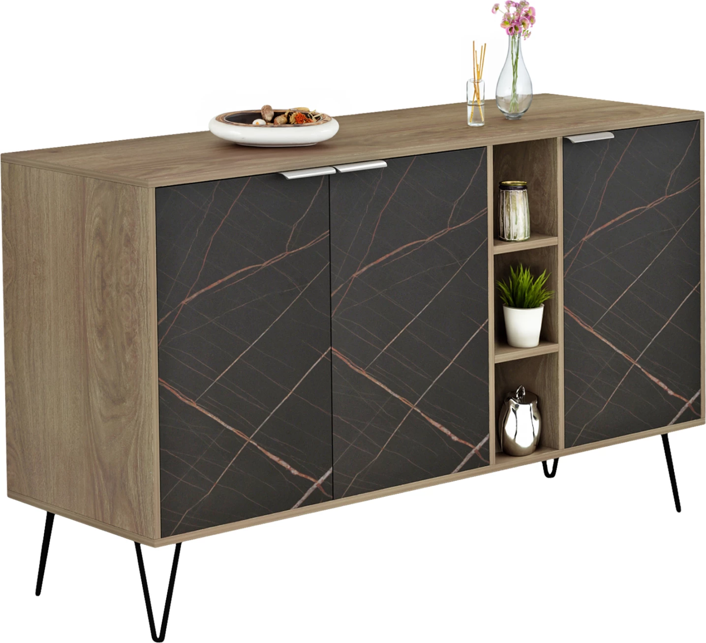 Bufe CABRON FH8874.12 melaminë në ngjyrë Sonama-mermer i zi dhe këmbë metalike të zeza 142x40x83H cm