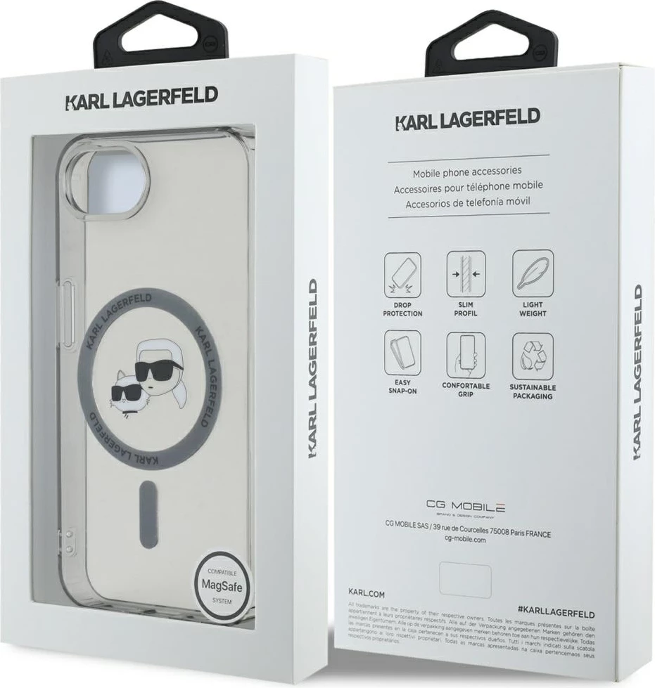 Mbështjellës Karl Lagerfeld IML Metal Karl & Choupette Heads MagSafe për iPhone 16e, i zi
