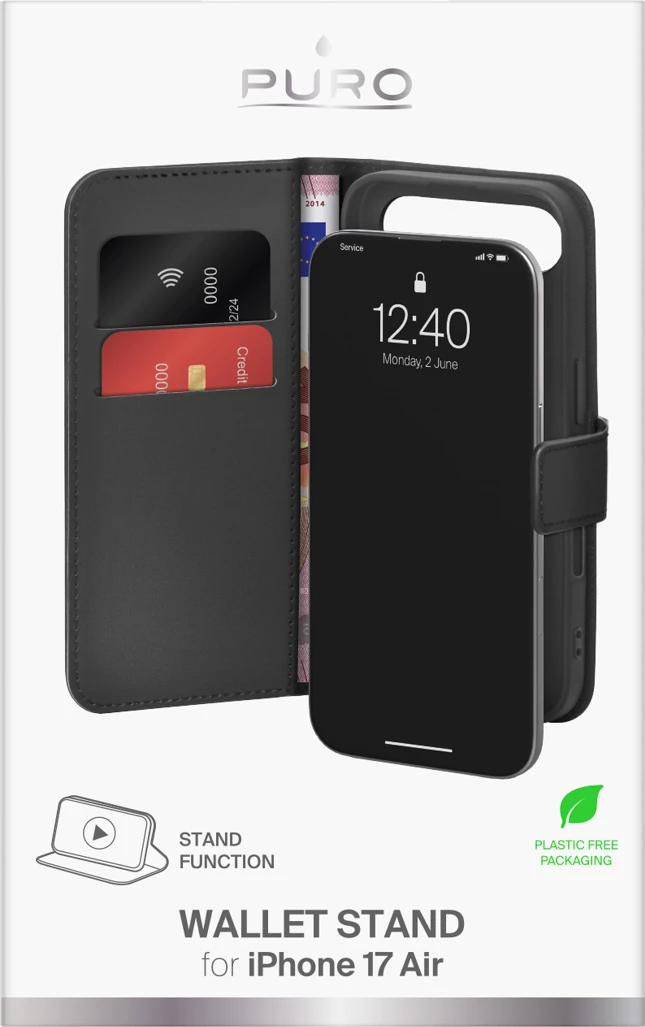 Mbështjellës Puro Wallet Stand për iPhone 17 Air, eko-lëkurë, me kapak, portofol dhe mbajtëse, zi