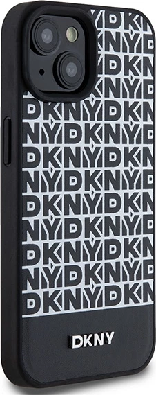 Mbështjellës DKNY Leather Printed Pattern Metal Logo MagSafe për iPhone 15/14/13, i zi