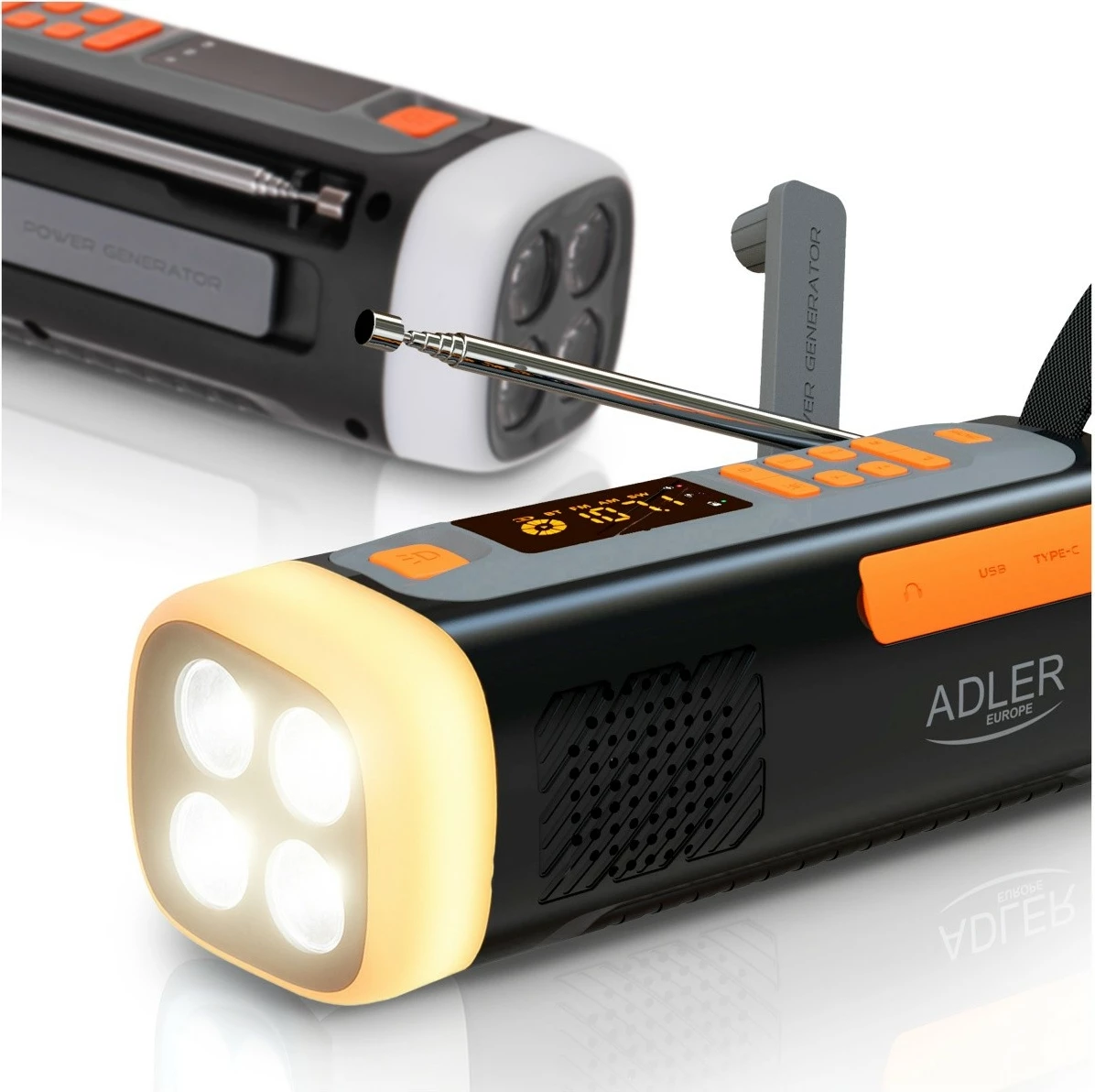Radio emergjence Adler AD1920 me panel solar, Bluetooth 5.0, powerbank 4500 mAh, dritë LED 4W, e zezë