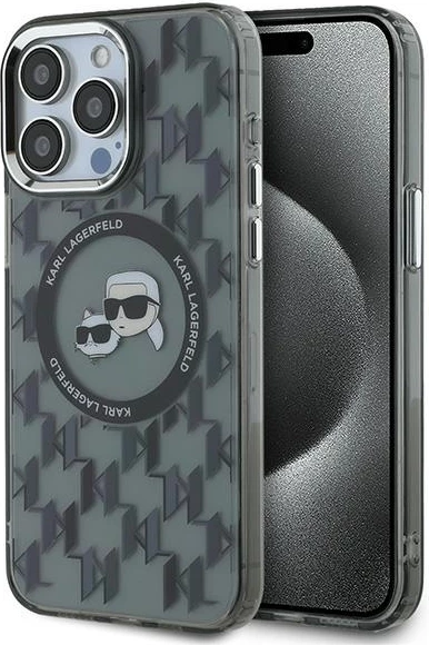 Mbështjellës Karl Lagerfeld IML Monogram Karl & Choupette Head MagSafe për iPhone 15 Pro, Zi