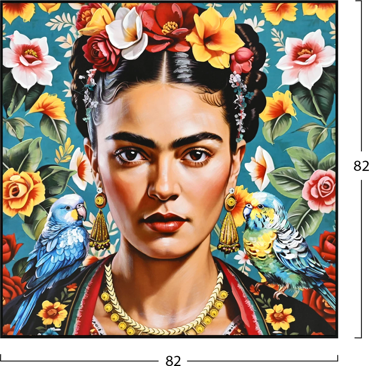 Pikturë muri FH4567, kornizë PS e zezë, kanavacë e printuar, fytyrë gruaje & papagaj, 82x4.5x82 cm