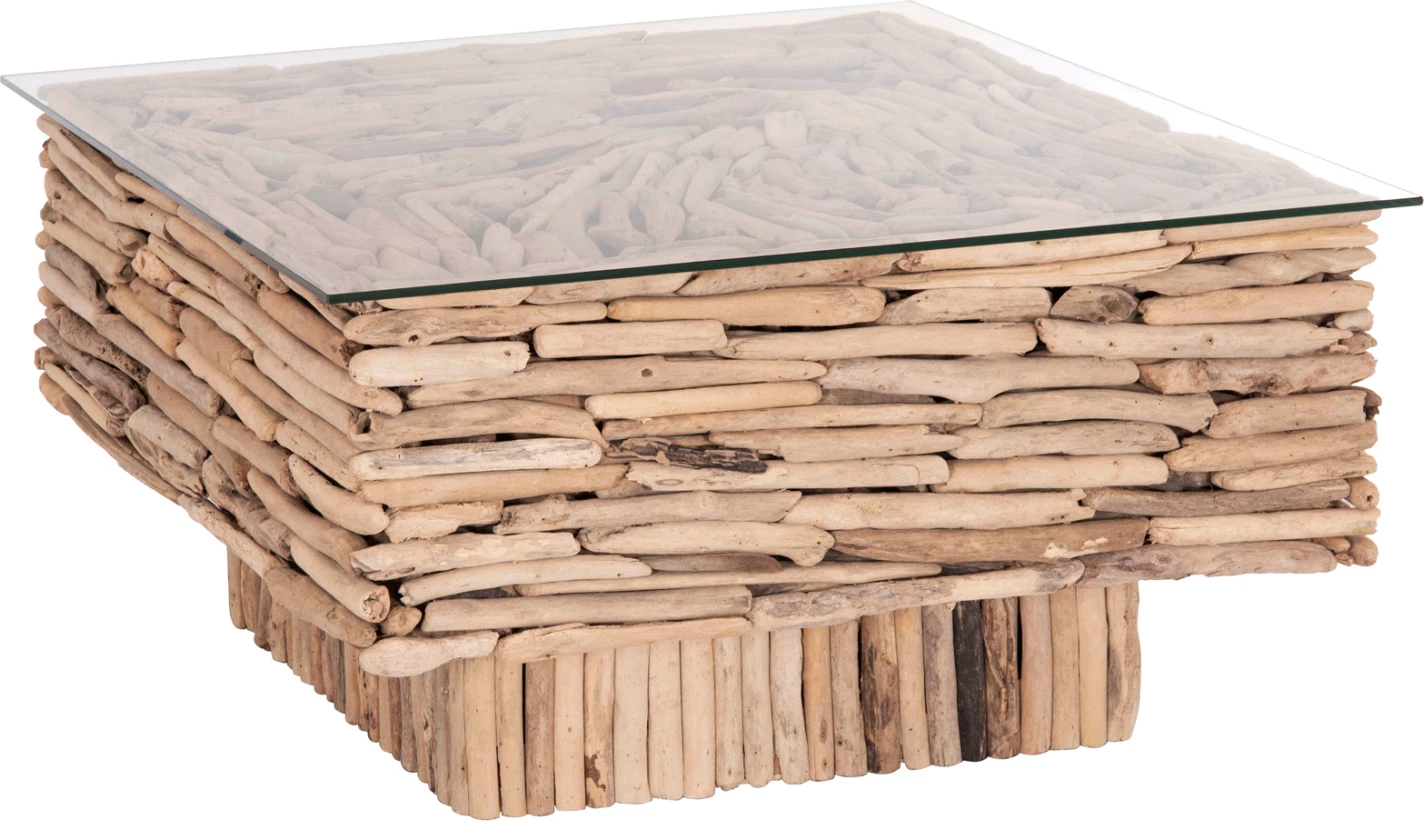 Tavolinë kafeje katrore SPARROW, dru natyral, xham, 95x95x51.5cm